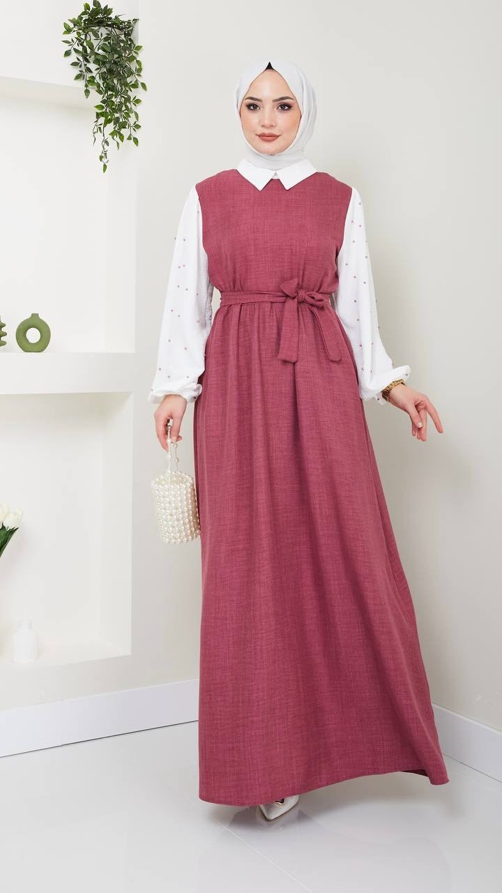 Ruby Red Collared Dress with Beaded Sleeves - Acadia House