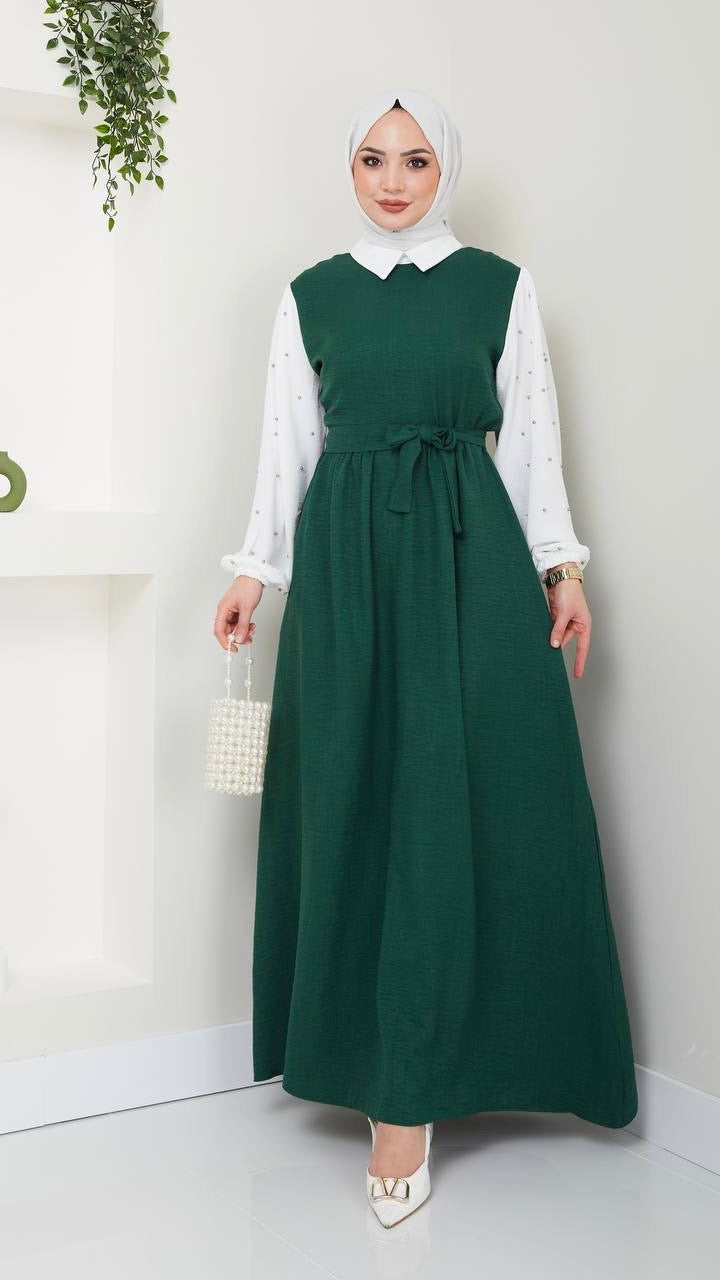 Dark Green Collar Dress with Beaded Sleeves | Acadia House