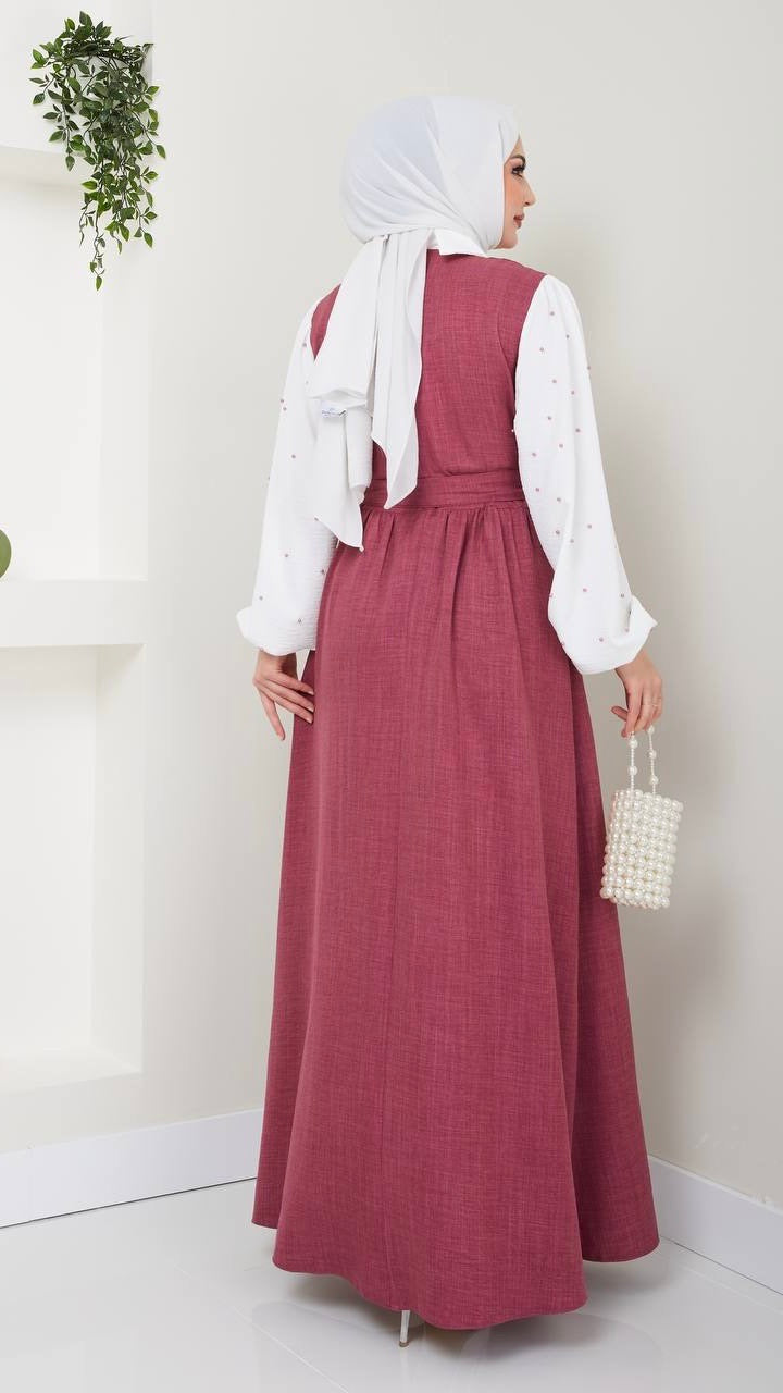 Ruby Red Collared Dress with Beaded Sleeves - Acadia House