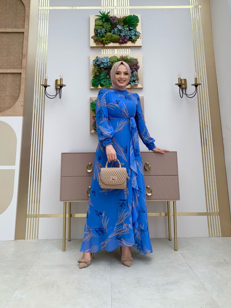 Blue Ruffle Dress – Elegant Chiffon Midi Dress - Acadia House