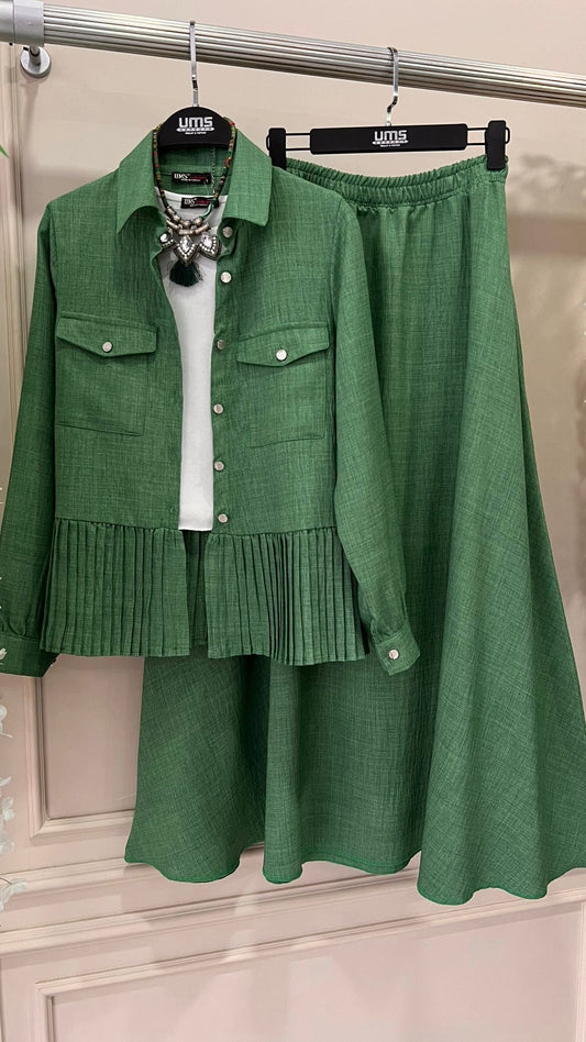 Pleated Jacket and Skirt Set (3 piece) -Forest Green