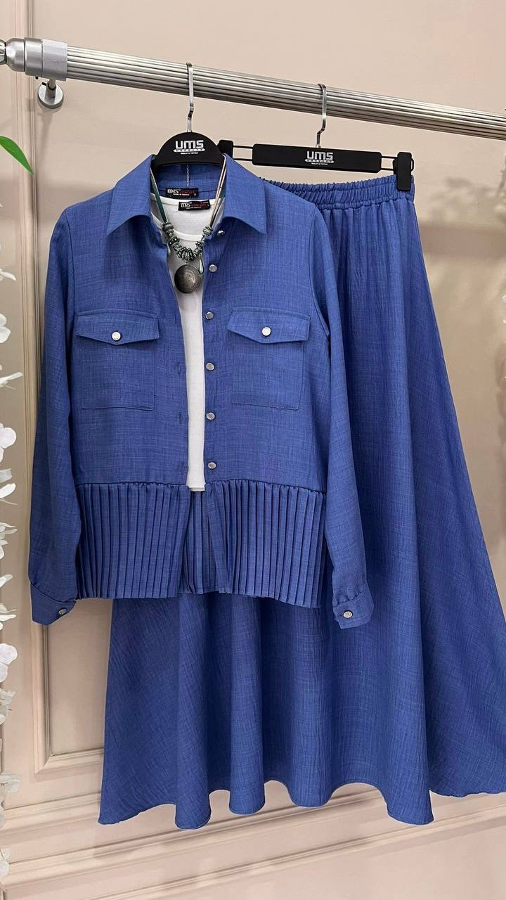 Pleated Jacket and Skirt Set (3 piece)  -Dark blue