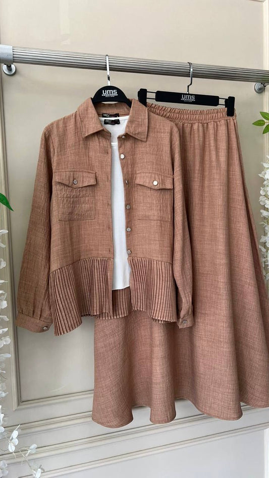 Pleated Jacket and Skirt Set (3 piece) -Brown