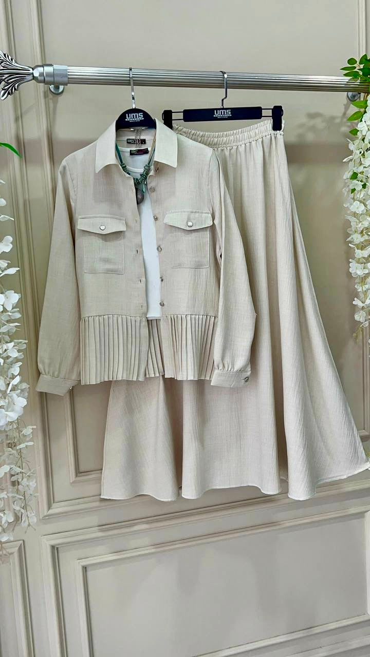 Pleated Jacket and Skirt Set (3 piece) -Beige