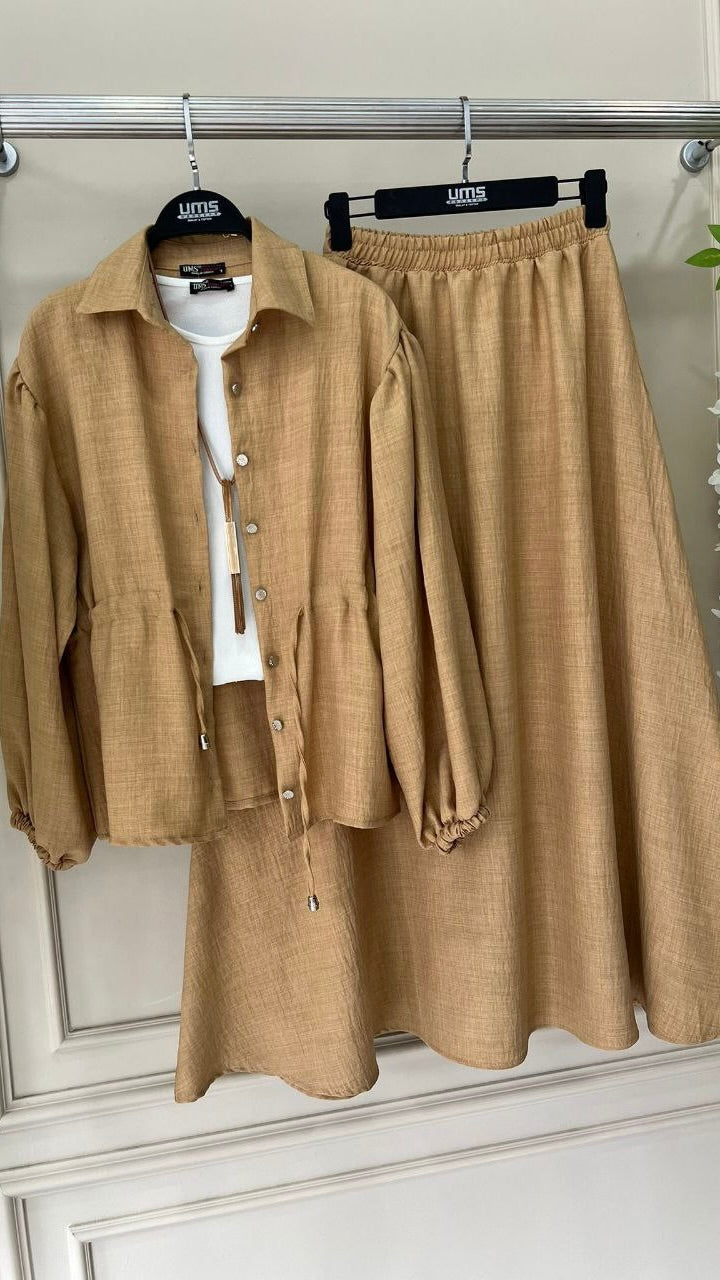 Cinched Waist Jacket and Skirt Set (3 piece) - Camel