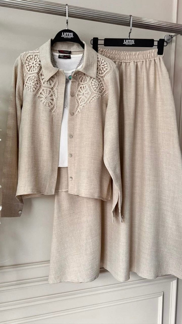 Embroidered Jacket and Skirt Set (3 piece) -Beige