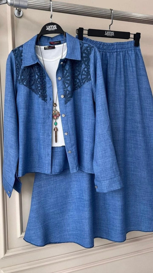 Embroidered Jacket and Skirt Set (3 piece)- Ocean Blue