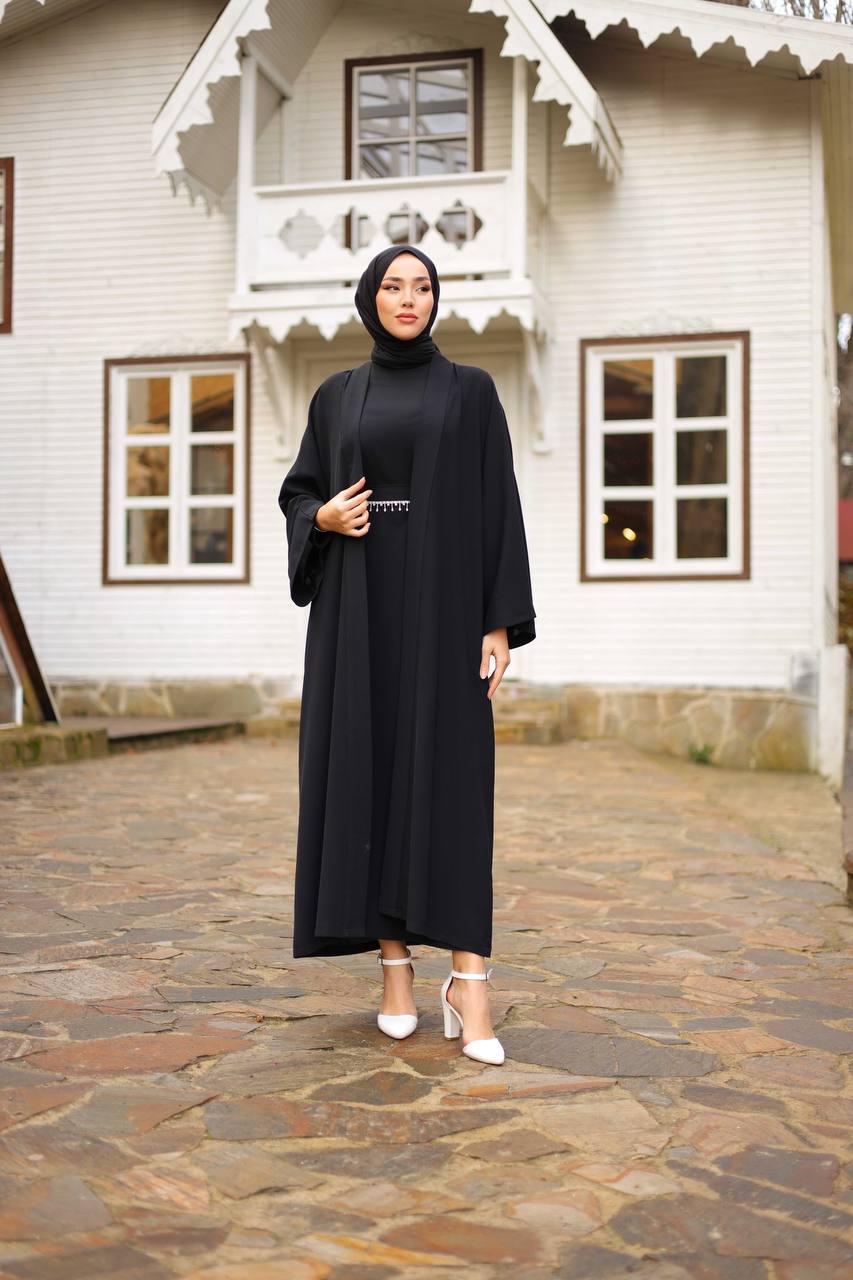 Zahra Black Open Abaya Dress with Belt - Acadia House
