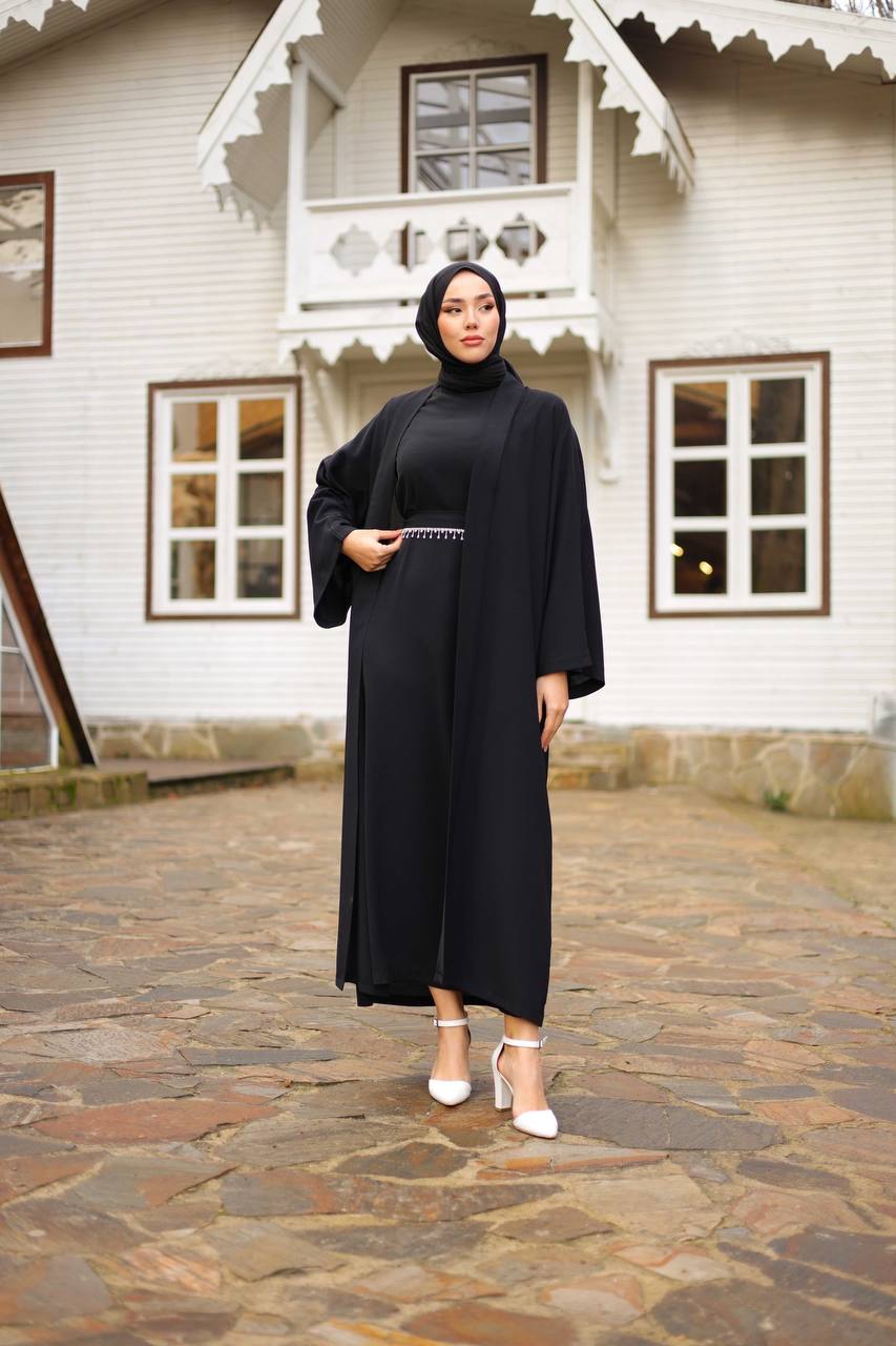 Zahra Black Open Abaya Dress with Belt - Acadia House