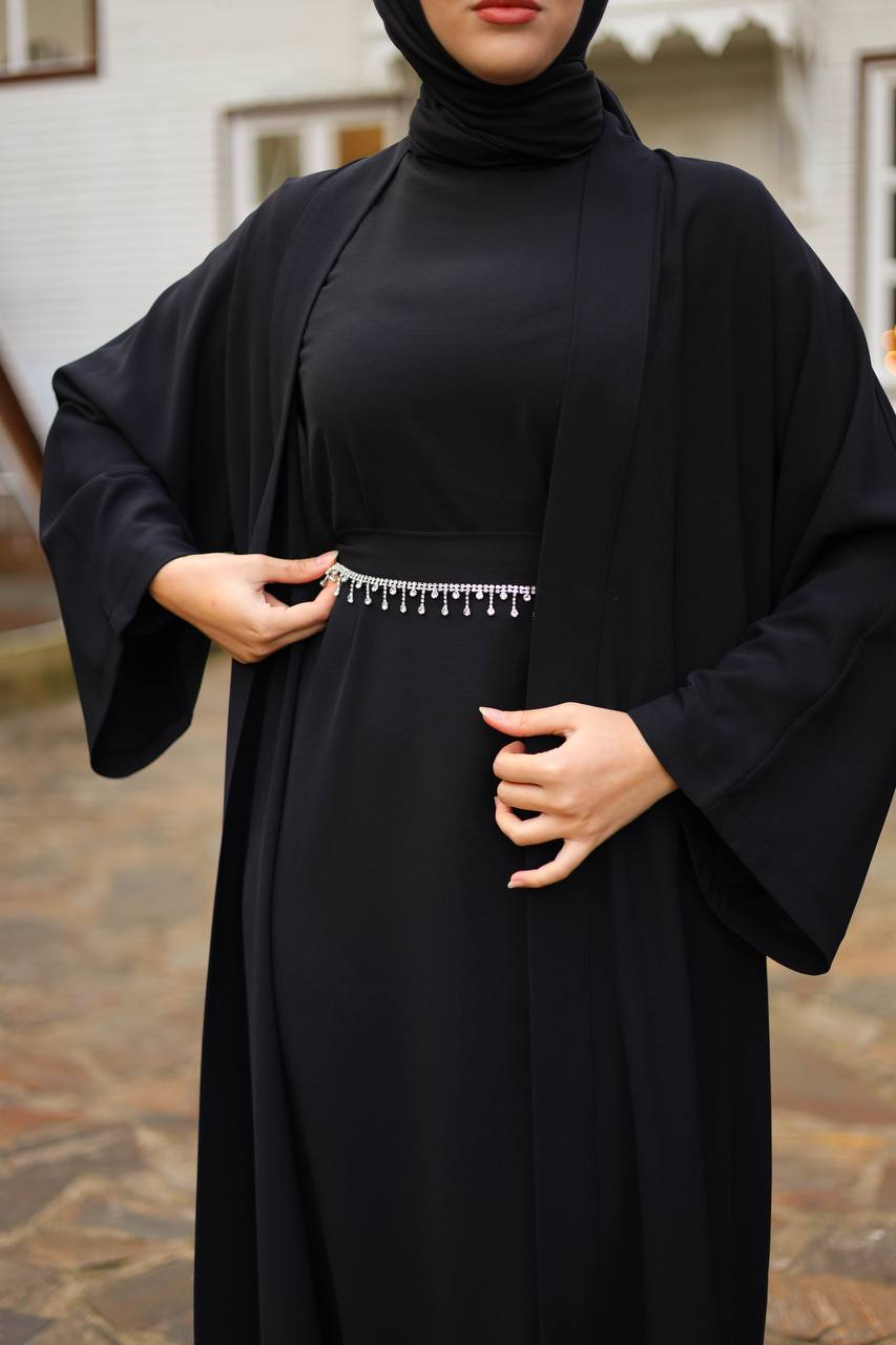 Zahra Black Open Abaya Dress with Belt - Acadia House
