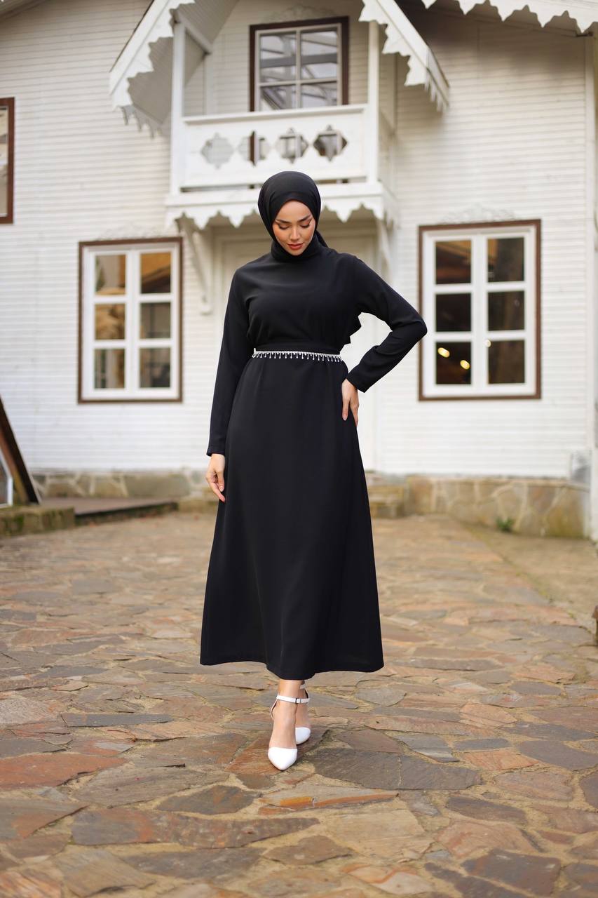 Zahra Black Open Abaya Dress with Belt - Acadia House