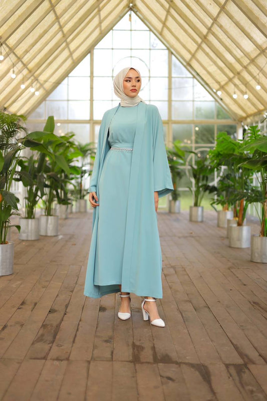 Zahra Turquaz Open Abaya Dress with Belt - Acadia House