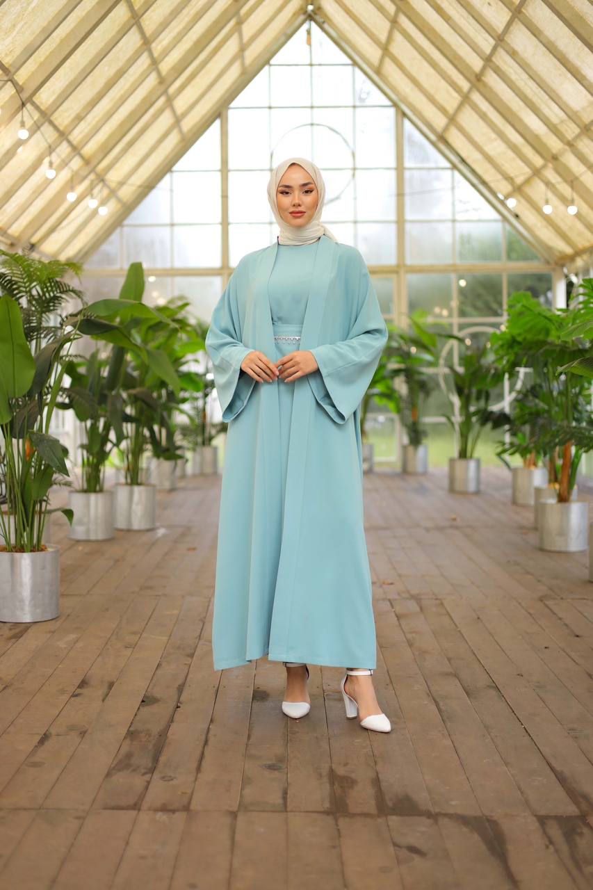 Zahra Turquaz Open Abaya Dress with Belt - Acadia House