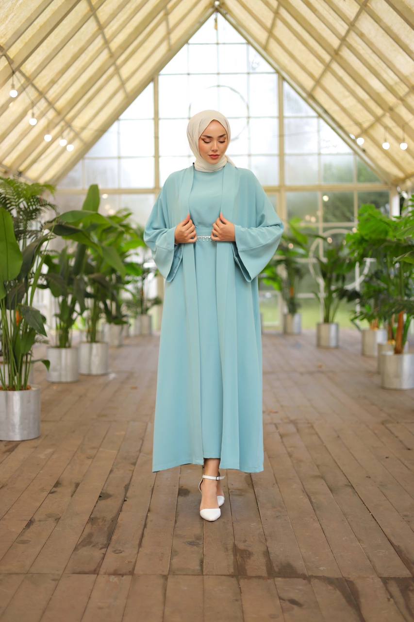 Zahra Turquaz Open Abaya Dress with Belt - Acadia House
