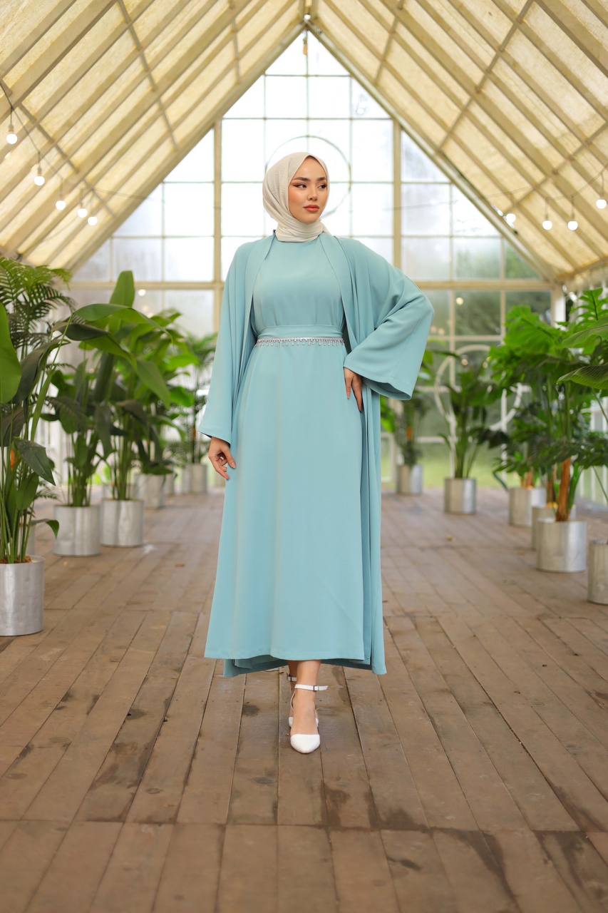 Zahra Turquaz Open Abaya Dress with Belt - Acadia House