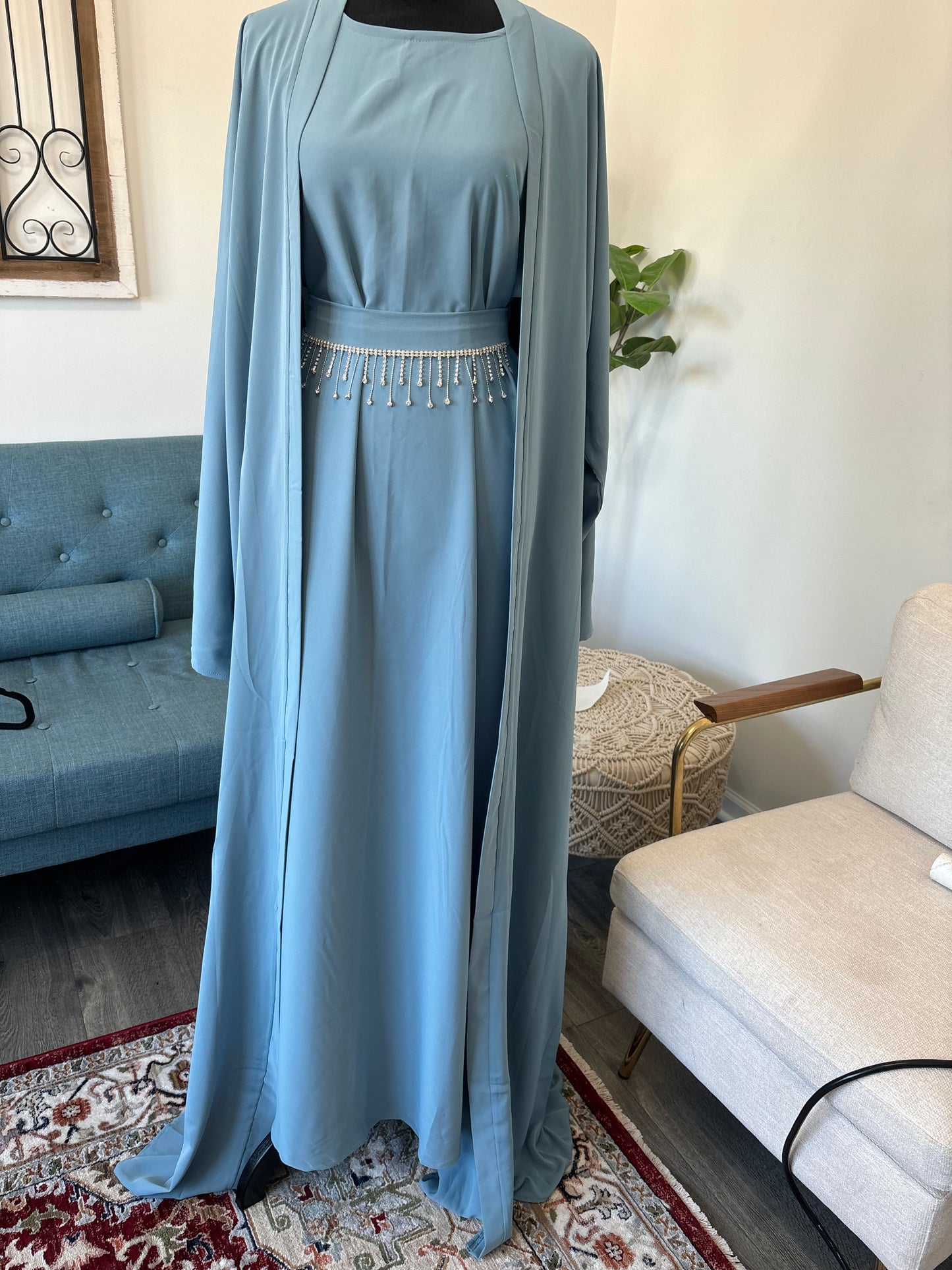 Zahra Ocean Blue Open Abaya Dress with Belt - Acadia House