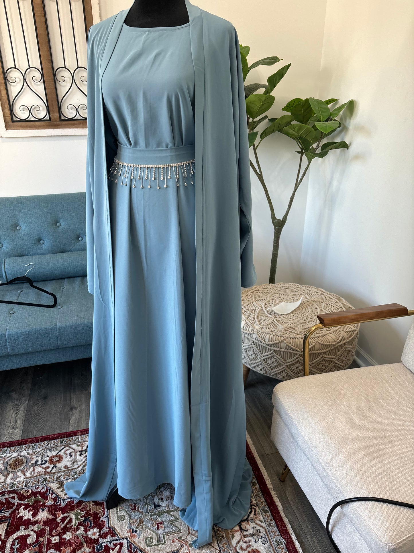Zahra Ocean Blue Open Abaya Dress with Belt - Acadia House
