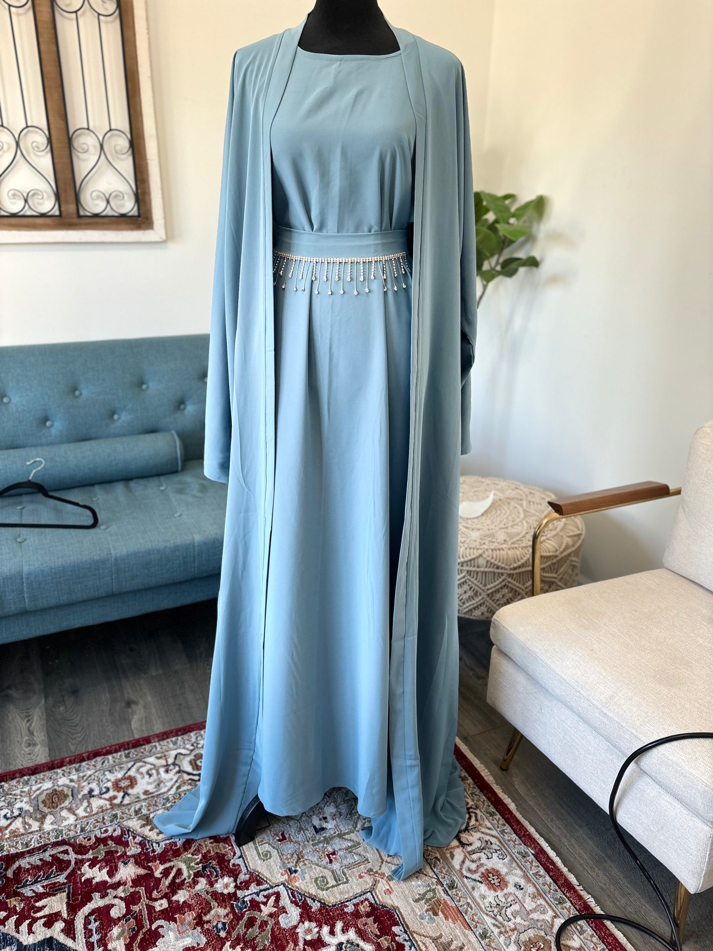 Zahra Ocean Blue Open Abaya Dress with Belt - Acadia House