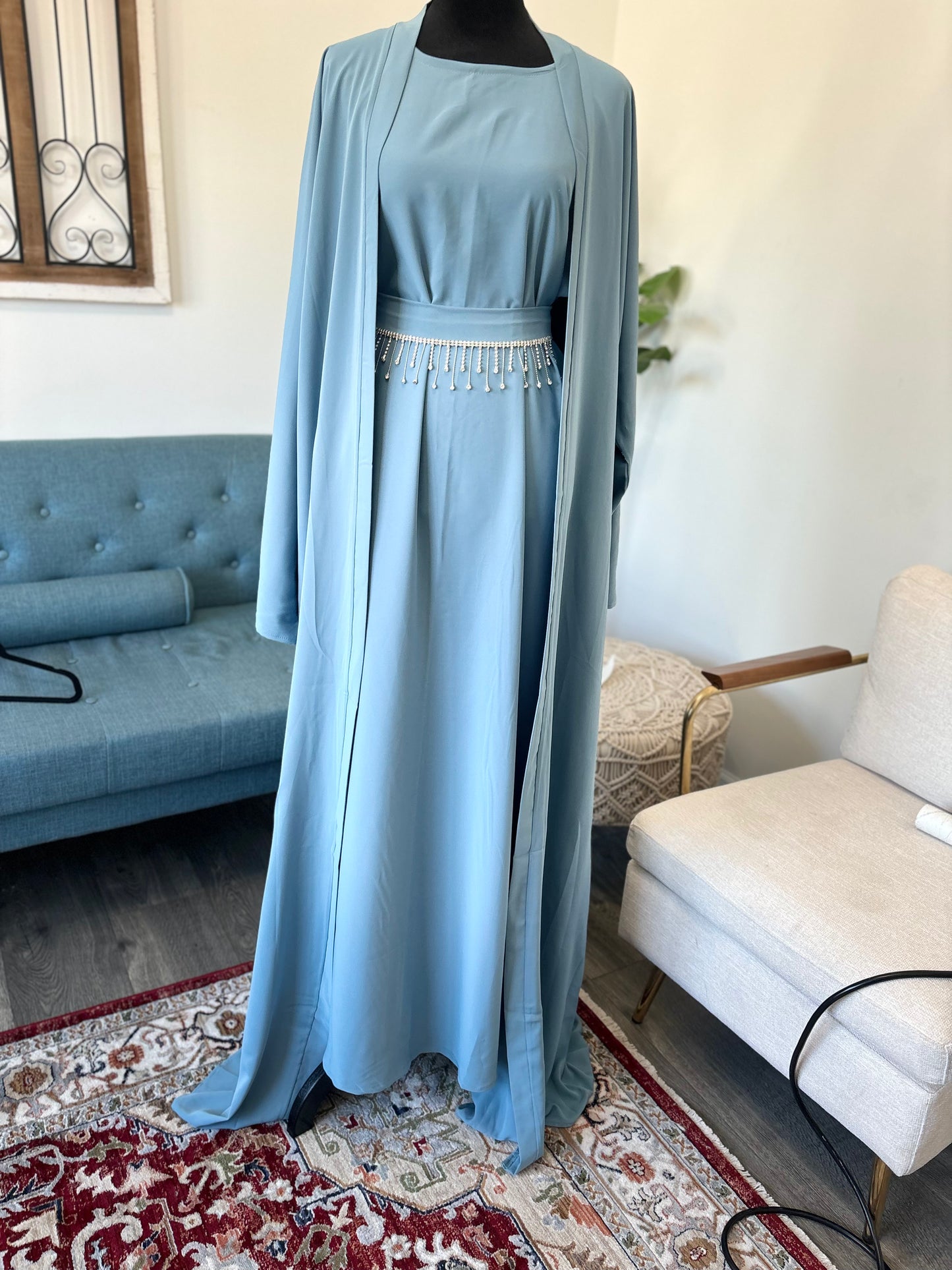 Zahra Ocean Blue Open Abaya Dress with Belt - Acadia House