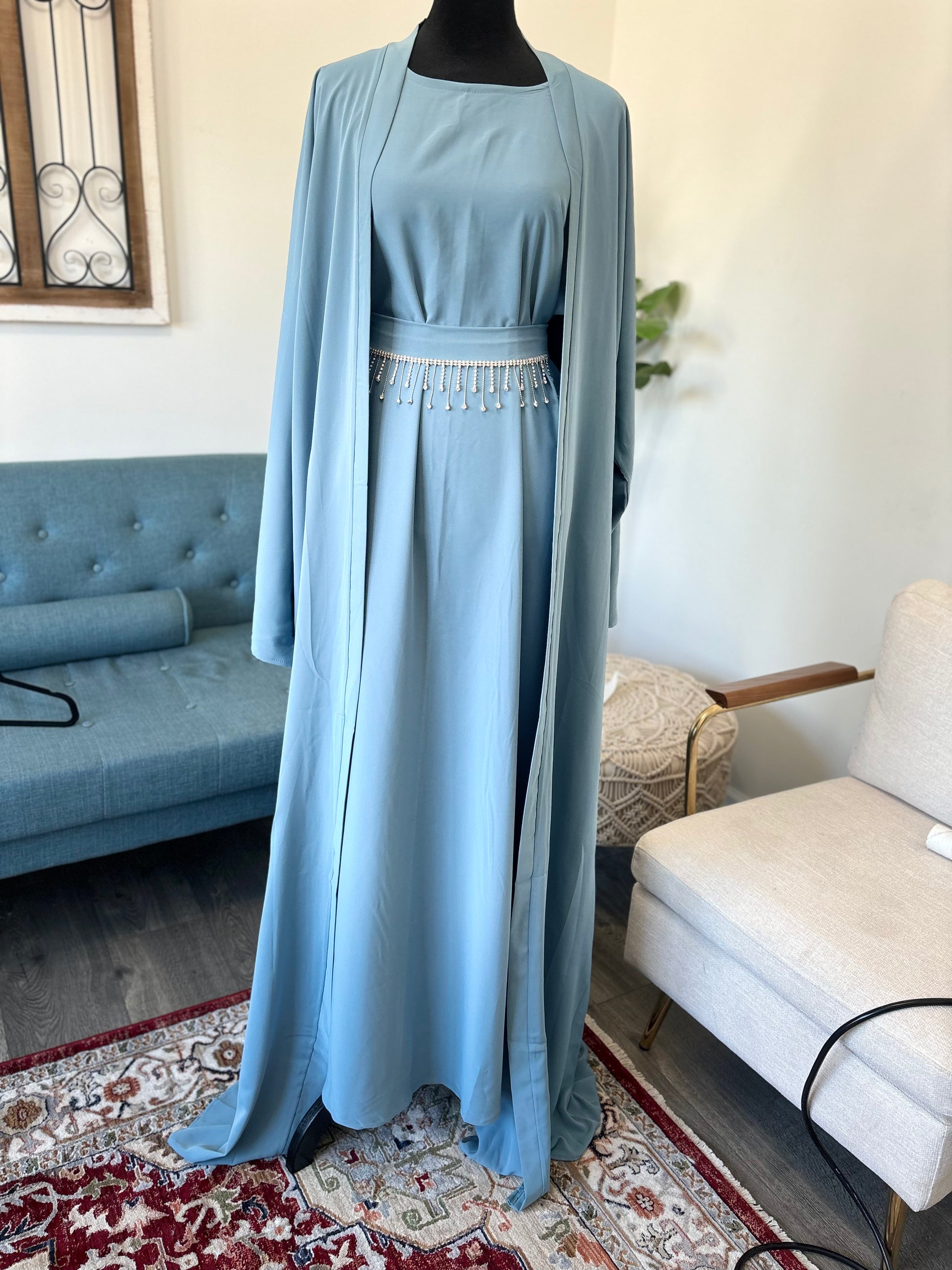 Zahra Ocean Blue Open Abaya Dress with Belt - Acadia House